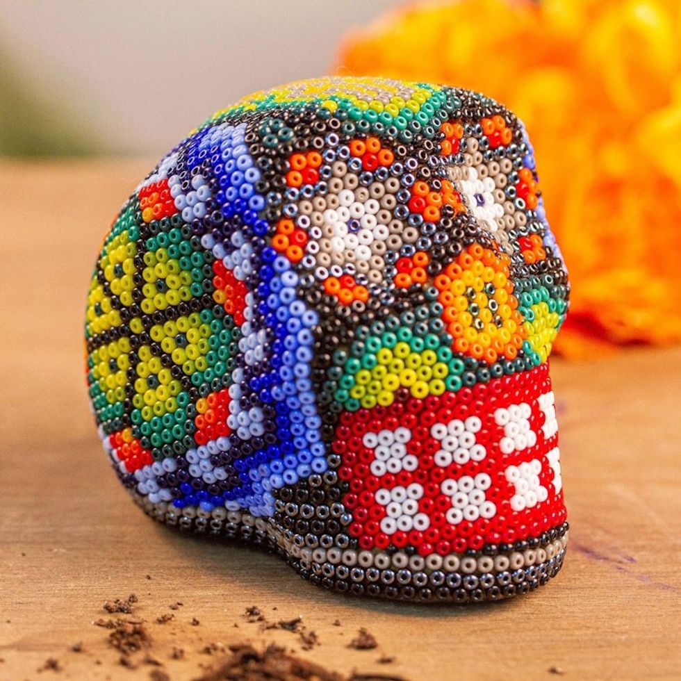 Handmade Huichol Skull Figurine 'Peyote Memories'