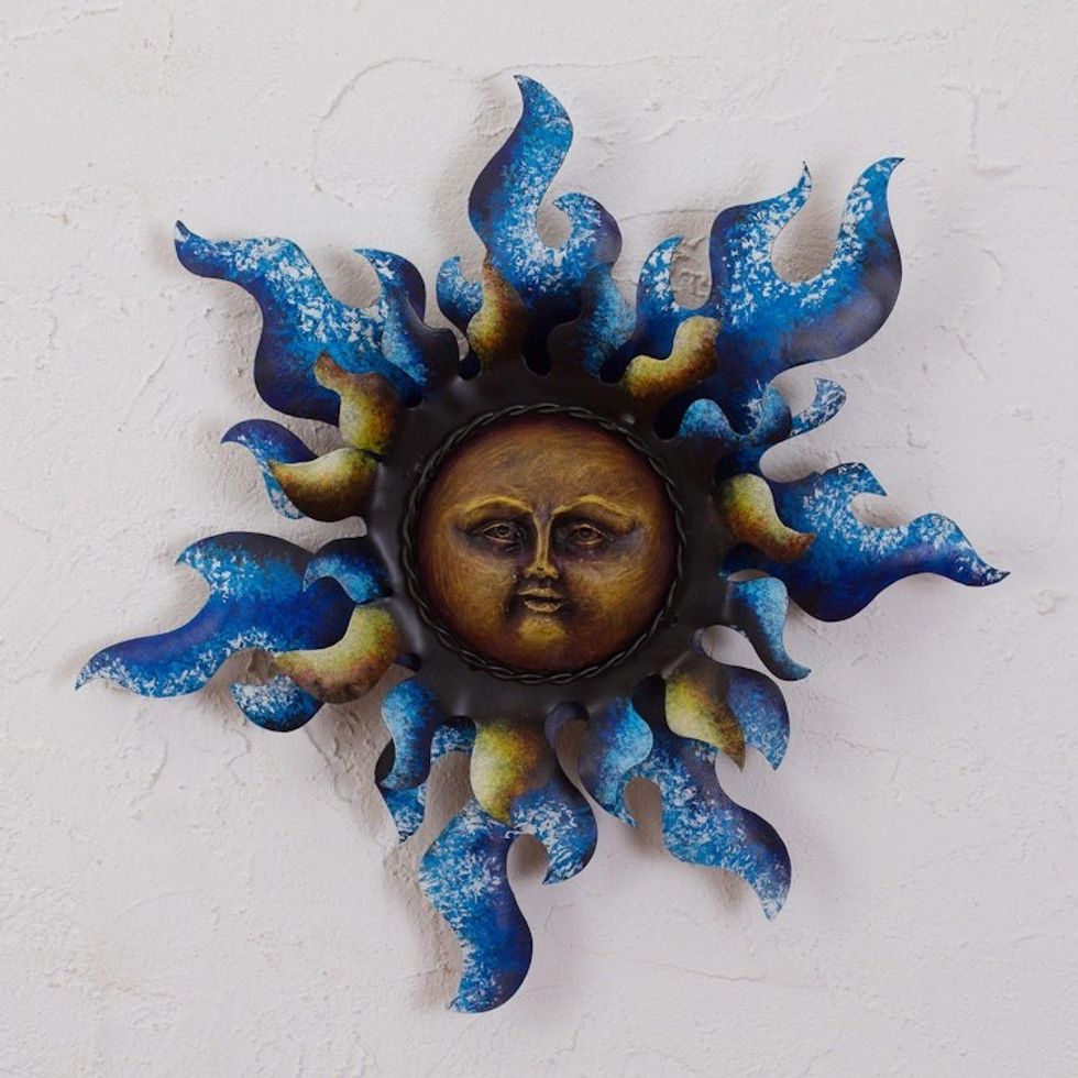 Sun Steel Wall Sculpture in Blue from Mexico 'Radiant Star in Blue'