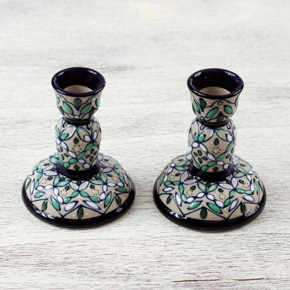 Artisan Crafted Ceramic Candlesticks from Mexico Pair 'Green Valley'