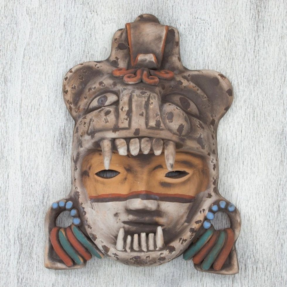 Signed Handcrafted Mexican Ceramic Jaguar Warrior Mask 'Tlaxcala Jaguar Warrior'