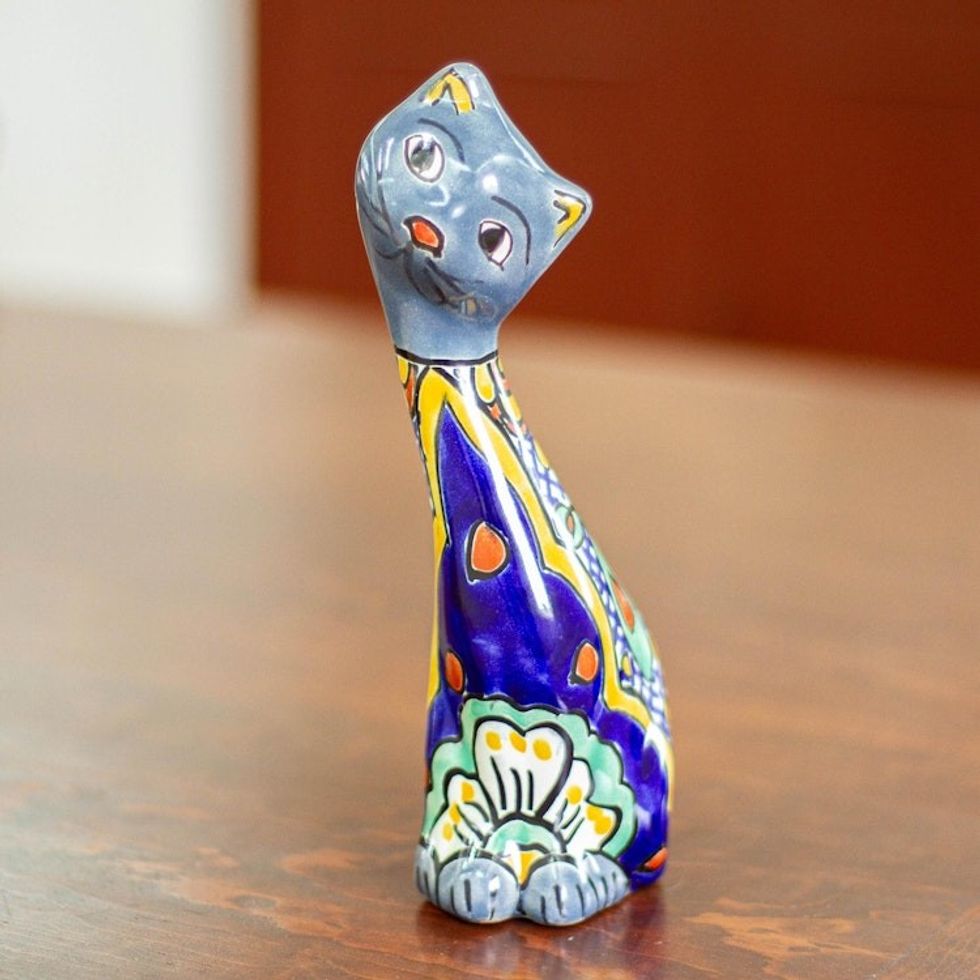 Hand Painted Floral Ceramic Cat Statuette 'Blue Talavera Cat'