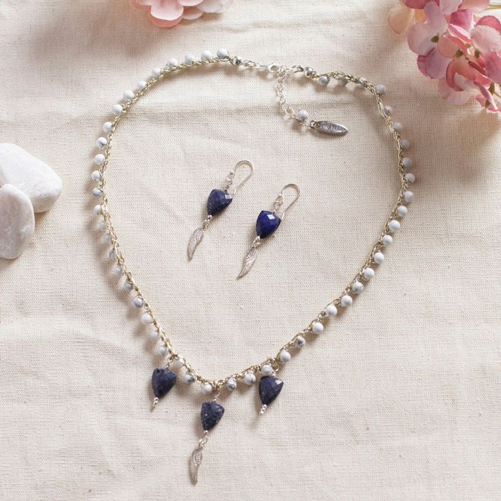 Wing-Themed Agate and Lapis Lazuli Jewelry Set 'Jewel Wings'