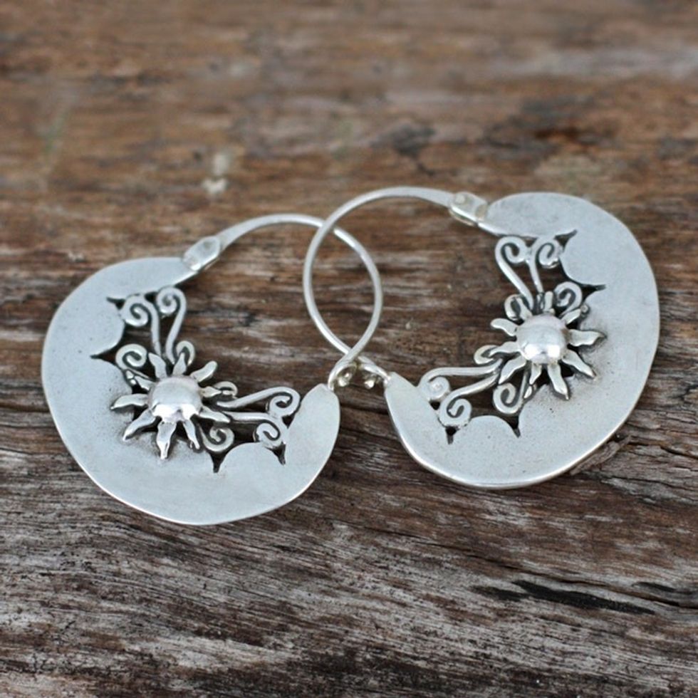 Handcrafted Sterling Silver Hoop Earrings from Mexico 'Sun Renaissance'