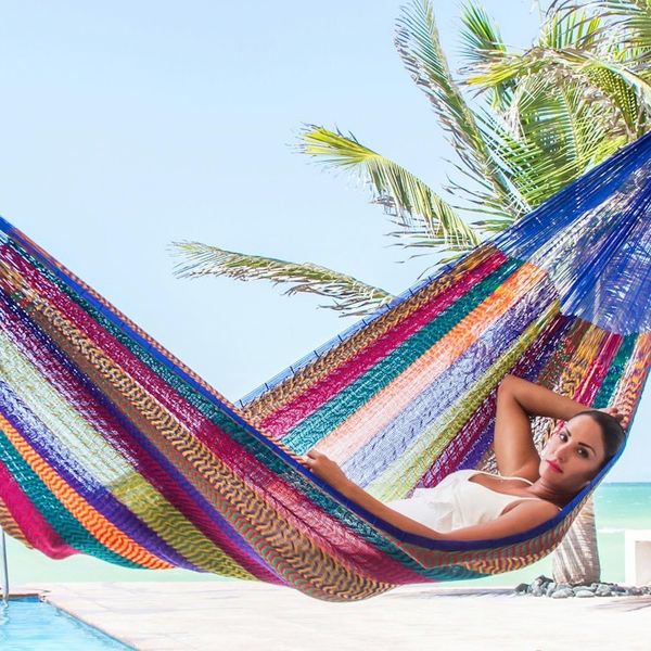 Alternate image for Hand Made Patterned Blue and Bright Mayan Hammock Double Rainbow Seascape