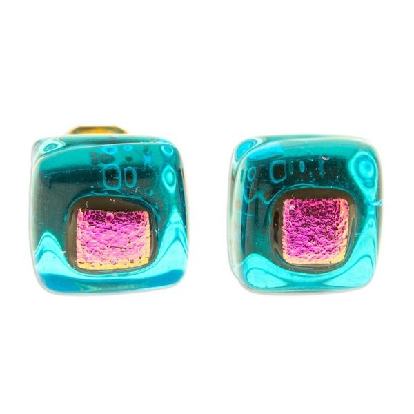 Alternate image for Blue Pink Fused Glass Mosaic Stud Earrings from Mexico Blue Rose Mosaic