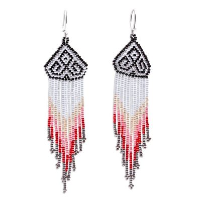 Alternate image for Dramatic Extra Long Huichol Beaded Earrings Huichol Chevron in Grey