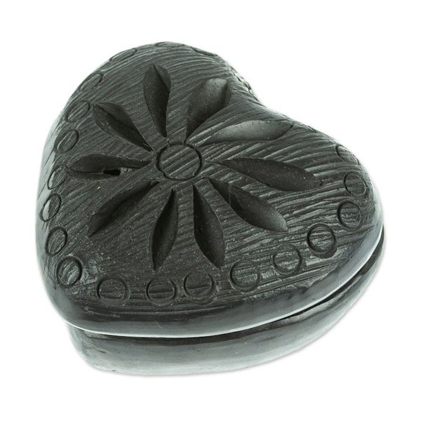 Alternate image for Barro Negro Black Ceramic Mini Jewelry Box Crafted in Mexico Heart Flower