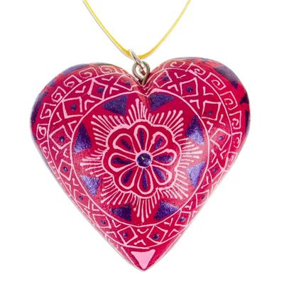 Alternate image for Mexican Hand-Painted Wood Alebrije Heart Christmas Ornament Fuchsia Alebrije Heart
