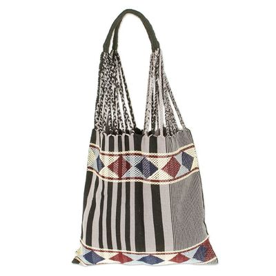 Alternate image for Hand Woven Geometric Striped Cotton Shoulder Bag from Mexico Night Lines