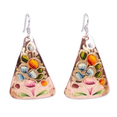 Alternate image for Hand Painted Copper Triangular Dangle Earrings from Mexico Floral Pyramid