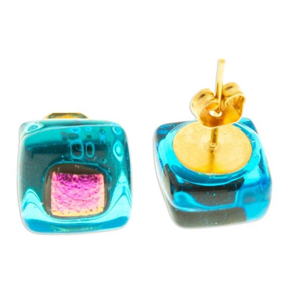 Alternate image for Blue Pink Fused Glass Mosaic Stud Earrings from Mexico Blue Rose Mosaic