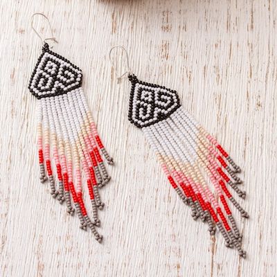 Alternate image for Dramatic Extra Long Huichol Beaded Earrings Huichol Chevron in Grey