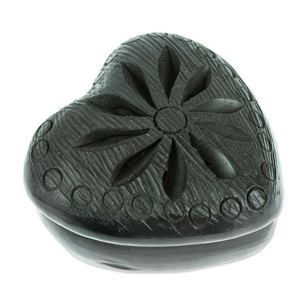 Alternate image for Barro Negro Black Ceramic Mini Jewelry Box Crafted in Mexico Heart Flower