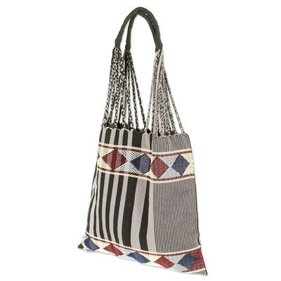 Alternate image for Hand Woven Geometric Striped Cotton Shoulder Bag from Mexico Night Lines
