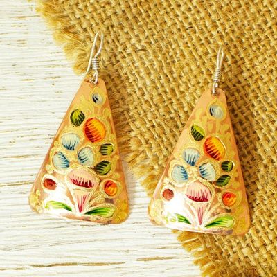 Alternate image for Hand Painted Copper Triangular Dangle Earrings from Mexico Floral Pyramid