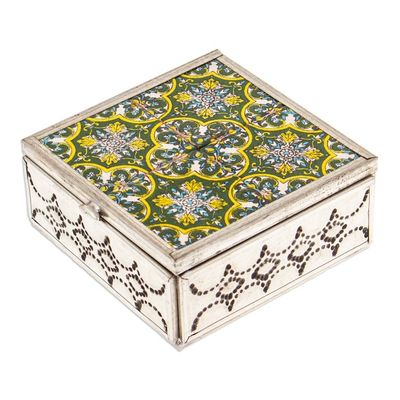Alternate image for Handcrafted Tin and Ceramic Jewelry Box in Green and Yellow Forest Mansion