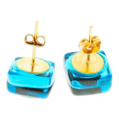 Alternate image for Blue  Pink Fused Glass Mosaic Stud Earrings from Mexico Blue  Rose Mosaic