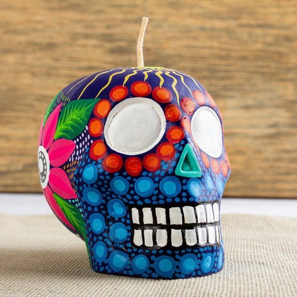 Alternate image for Hand Painted Mexican Day of the Dead Purple Skull Candle Colorful Purple Skull