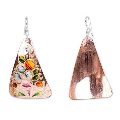 Alternate image for Hand Painted Copper Triangular Dangle Earrings from Mexico Floral Pyramid