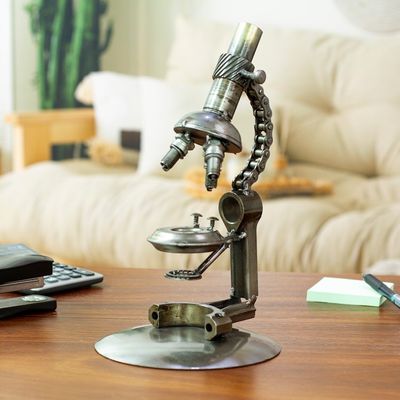 Alternate image for Metal Microscope Sculpture Crafted from Recycled Auto Parts Rustic Microscope