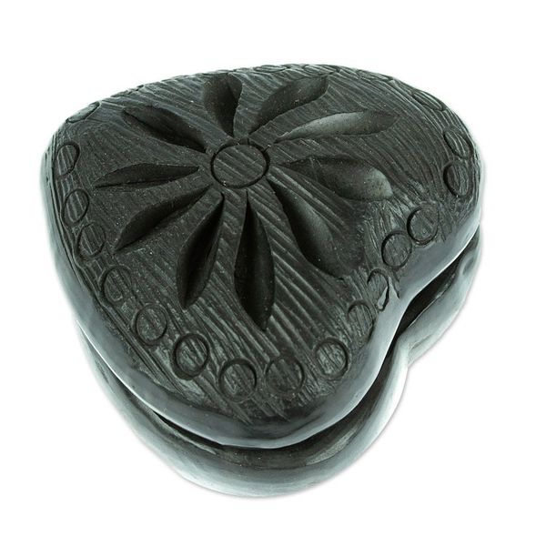 Alternate image for Barro Negro Black Ceramic Mini Jewelry Box Crafted in Mexico Heart Flower