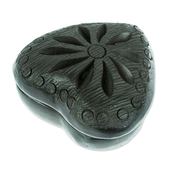 Alternate image for Barro Negro Black Ceramic Mini Jewelry Box Crafted in Mexico Heart Flower