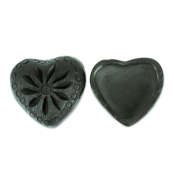 Alternate image for Barro Negro Black Ceramic Mini Jewelry Box Crafted in Mexico Heart Flower
