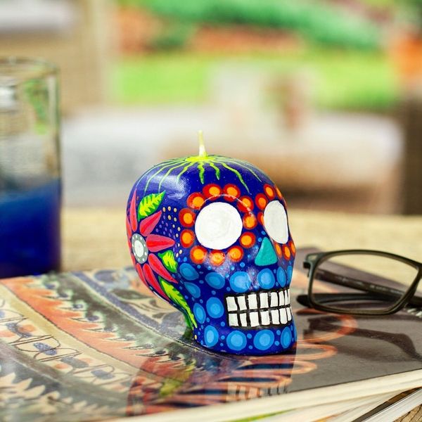 Alternate image for Hand Painted Mexican Day of the Dead Purple Skull Candle Colorful Purple Skull