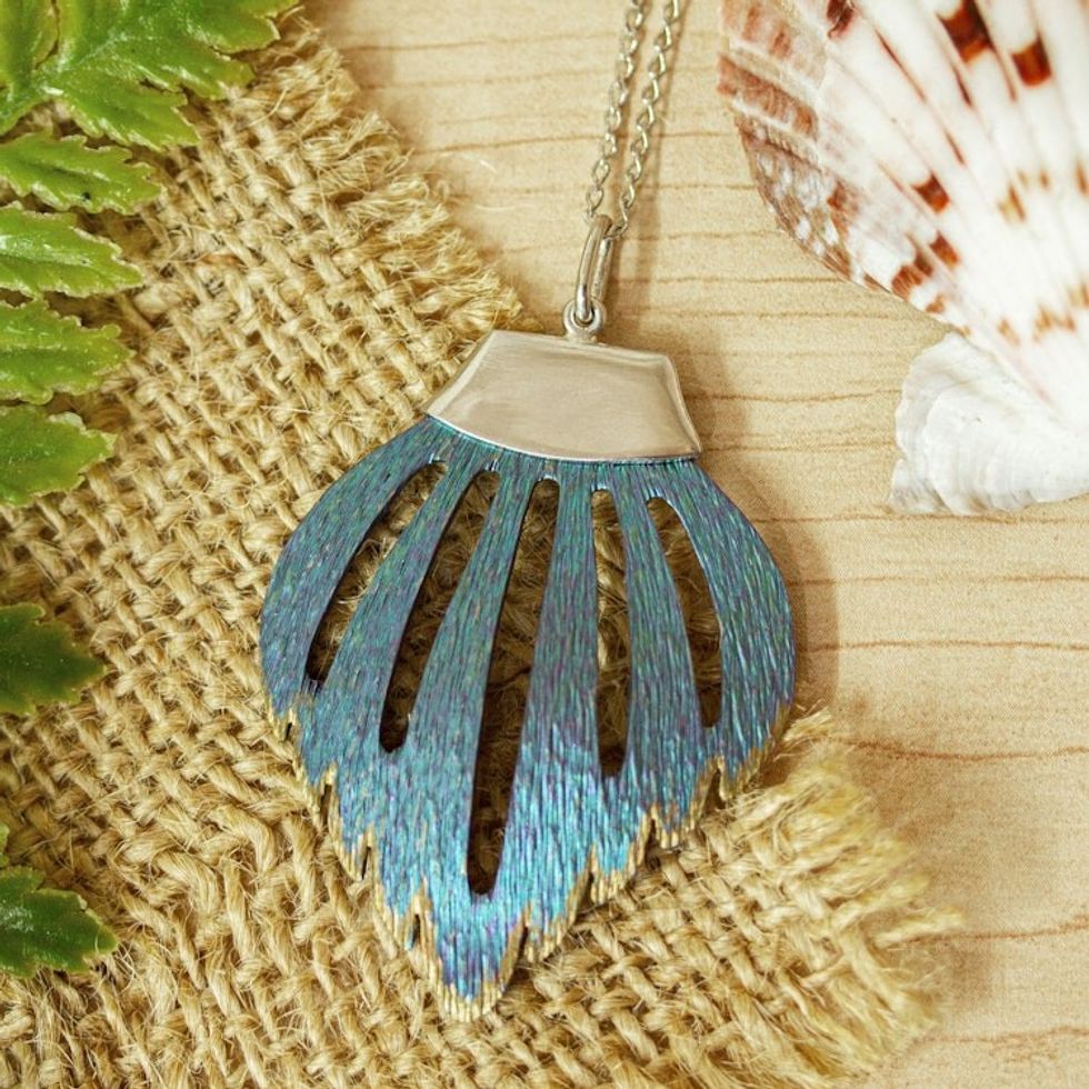 Sterling Silver and Titanium Pendant Necklace from Mexico 'Blue Agassizi Fin'