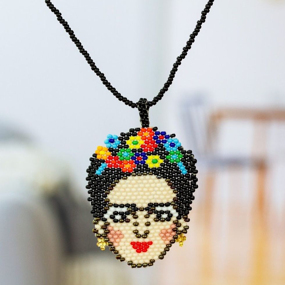 Frida-Themed Glass Beaded Pendant Necklace from Mexico 'Fantastic Frida'