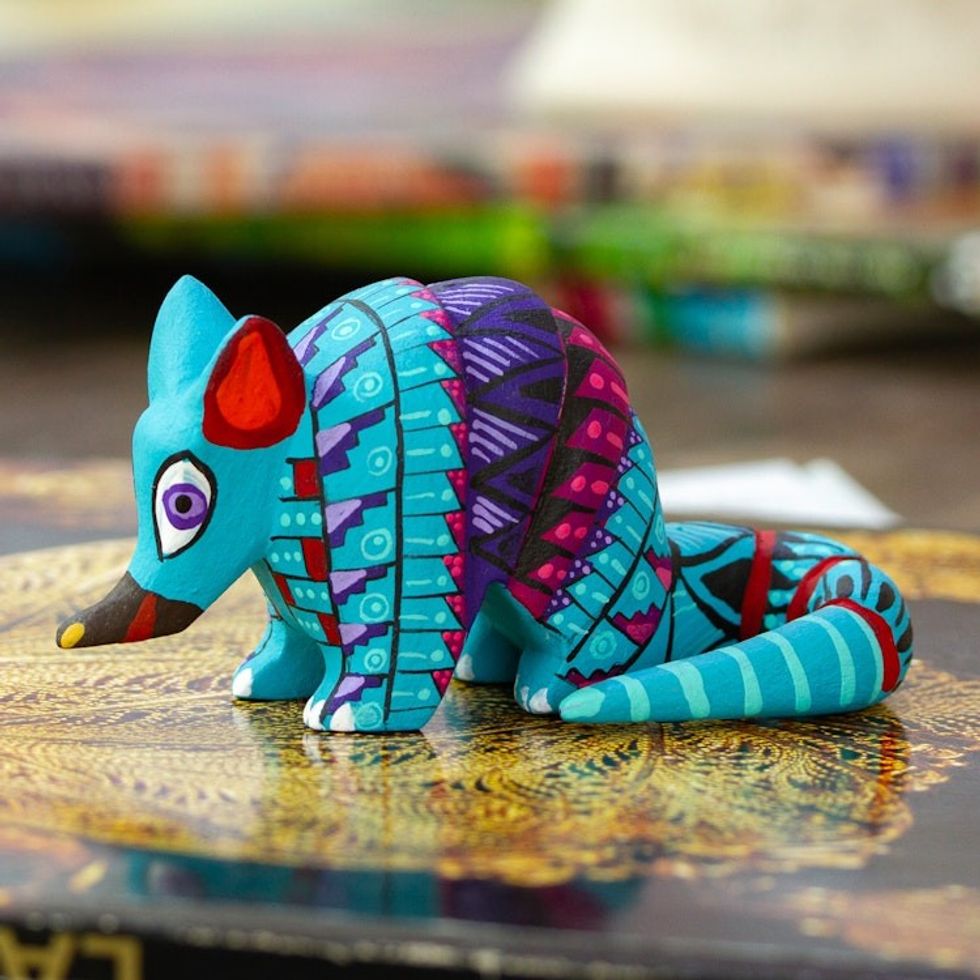 Painted Alebrije Copal Wood Figurine of Aquamarine Armadillo 'Mexico's Protector'