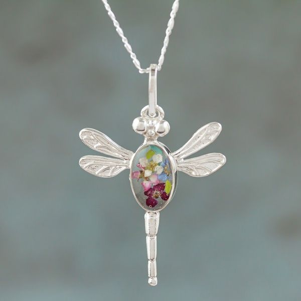 Alternate image for Sterling Silver Dragonfly Pendant Necklace with Flowers Blue Anahuac Dragonfly