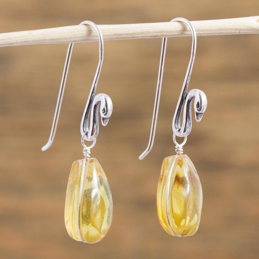 Sterling Silver Swan Earrings with Mexican Amber 'Golden Swan Pond'