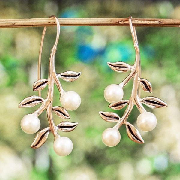Alternate image for Leaf and Flower Motif Cultured Pearl Drop Earrings Blooming Dogwood