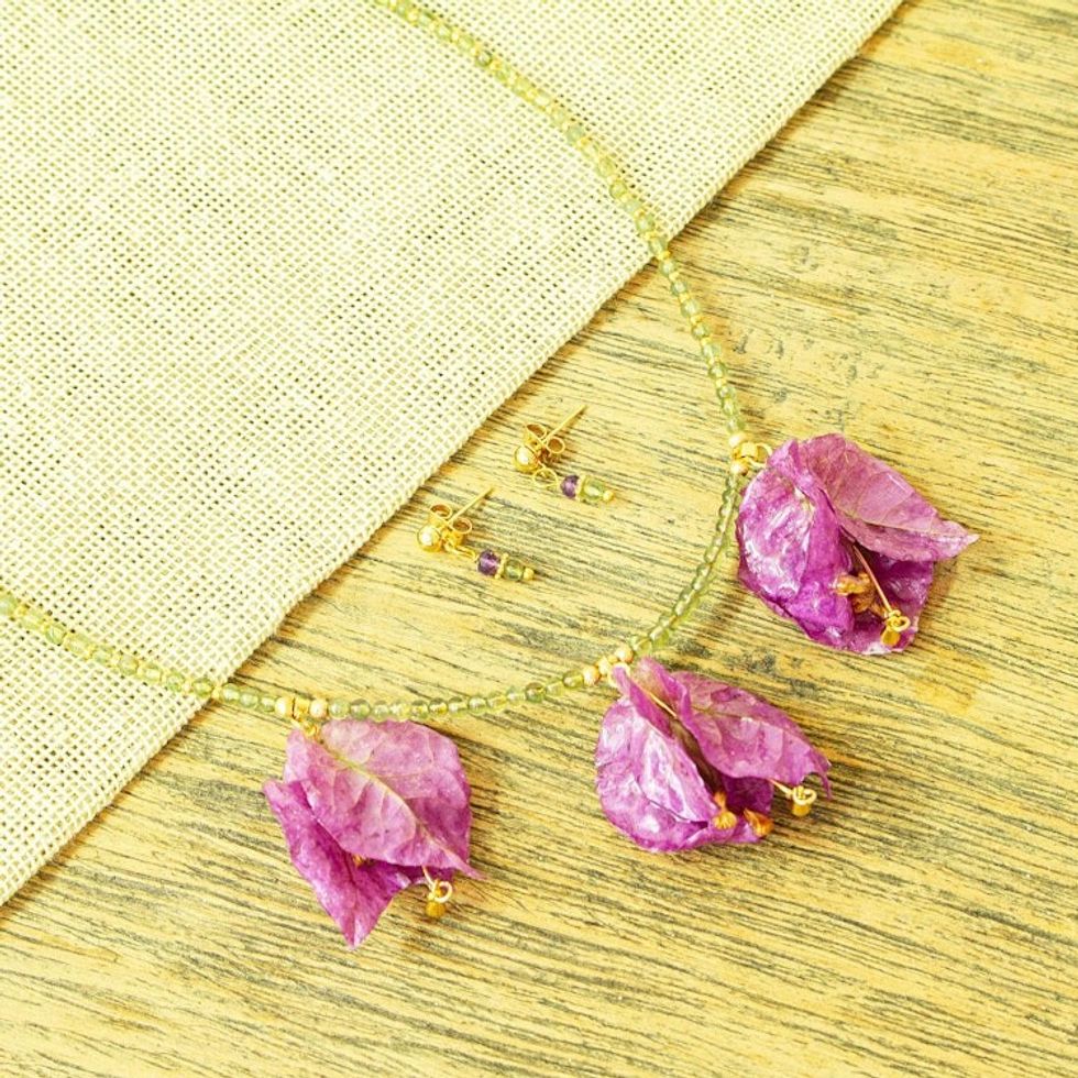 Natural Flower Jewelry Set with Gemstones 'Bougainvillea Beauty'