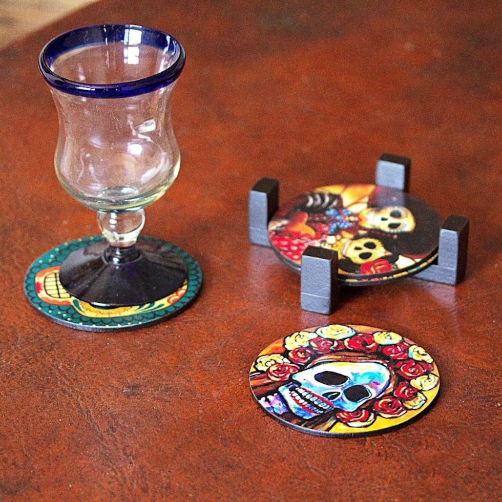 Day of the Dead Theme on Mexican Decoupage Set of 4 Coasters 'Festive Catrina'
