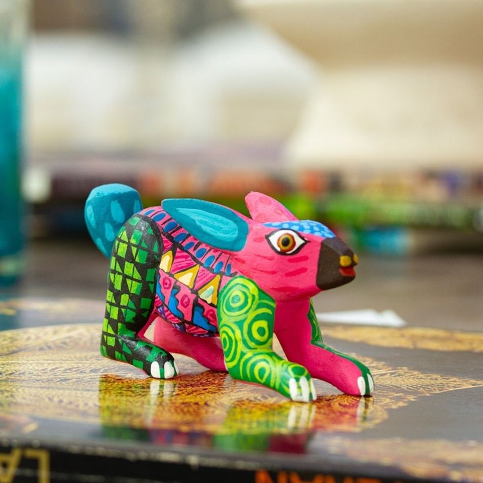 Hand-Painted Copal Wood Alebrije Rabbit Figurine in Carmine 'Carmine Rabbit'