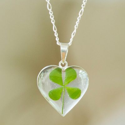 Alternate image for Heart-Shaped Natural Clover Pendant Necklace from Mexico Clover Heart