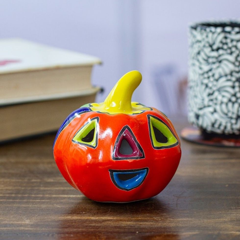 Talavera-Style Ceramic Jack-O-Lantern Figurine from Mexico 'Talavera Jack-O-Lantern'