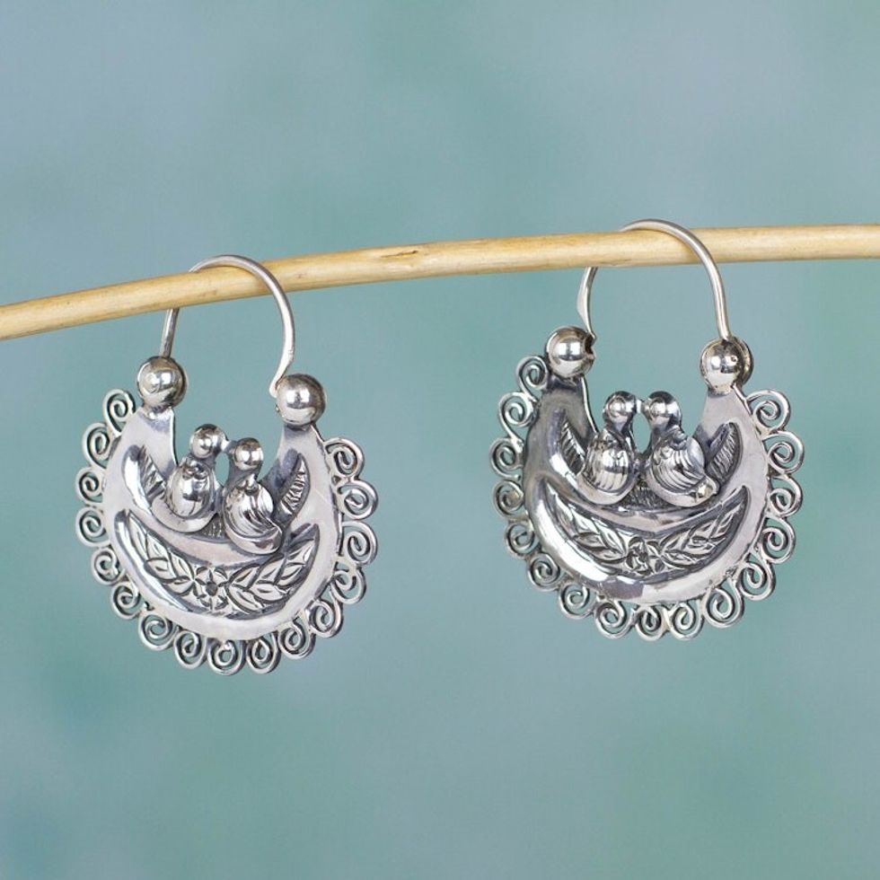 Artisan Crafted Silver Mazahua Style Sterling Hoop Earrings 'Mazahua Lovebirds'