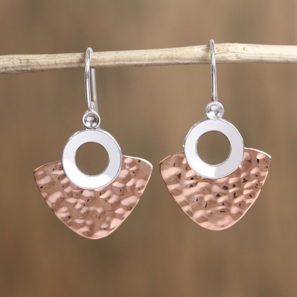 Modern Taxco Sterling Silver and Copper Dangle Earrings 'Rippling Water'