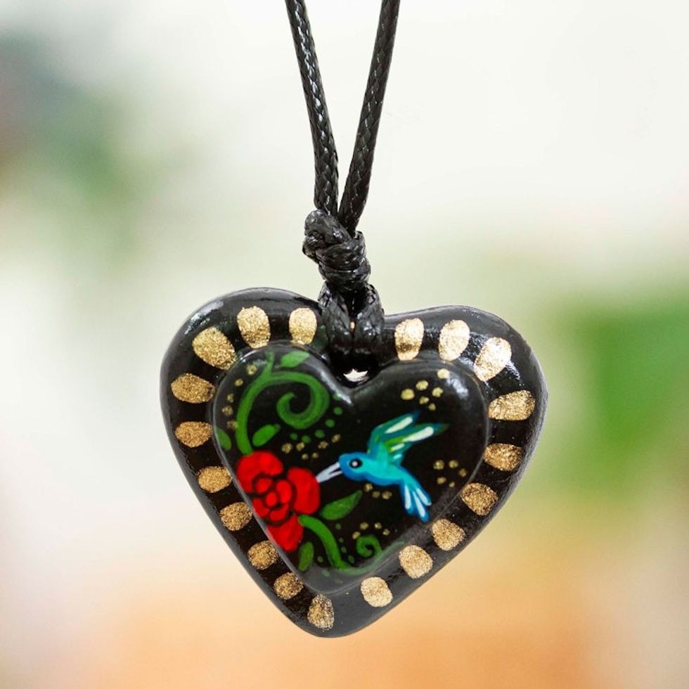 Hand Painted Heart Shaped Hummingbird Pendant Necklace 'Golden Night Hummingbird'