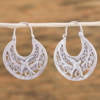 Alternate image for Unique Animal Themed Vintage Style Silver Bird Hoop Earrings Peaceful Doves