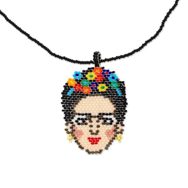 Alternate image for Frida-Themed Glass Beaded Pendant Necklace from Mexico Fantastic Frida