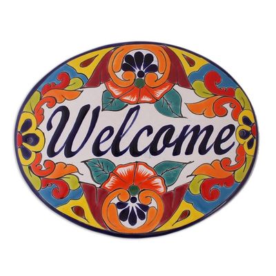 Alternate image for Floral Talavera-Style Ceramic Welcome Wall Sign from Mexico Talavera Welcome