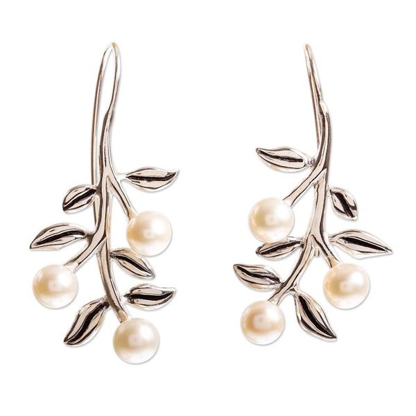 Alternate image for Leaf and Flower Motif Cultured Pearl Drop Earrings Blooming Dogwood