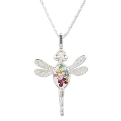 Alternate image for Sterling Silver Dragonfly Pendant Necklace with Flowers Blue Anahuac Dragonfly