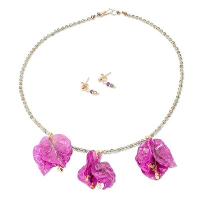 Alternate image for Natural Flower Jewelry Set with Gemstones Bougainvillea Beauty