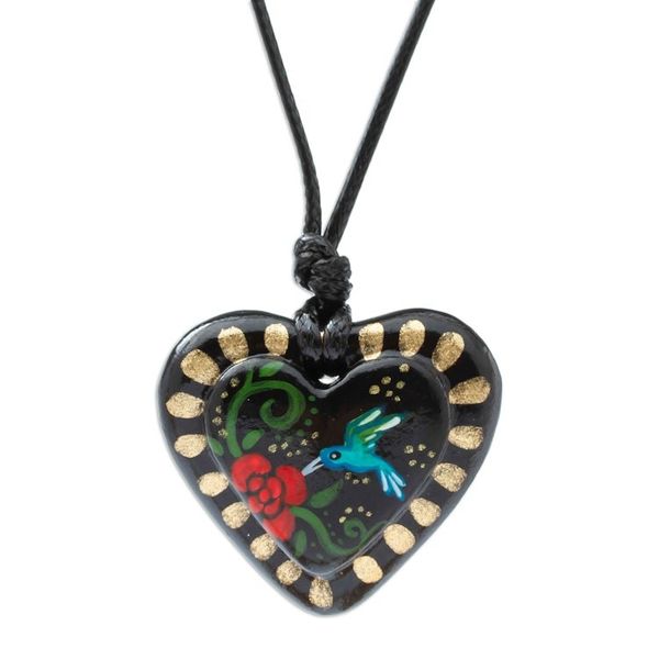 Alternate image for Hand Painted Heart Shaped Hummingbird Pendant Necklace Golden Night Hummingbird