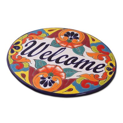 Alternate image for Floral Talavera-Style Ceramic Welcome Wall Sign from Mexico Talavera Welcome